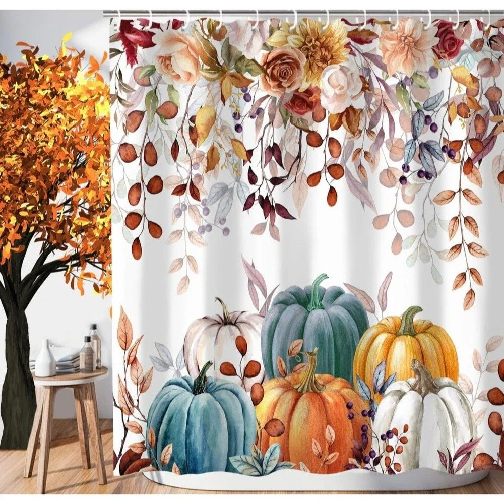 Fall Pumpkin Shower Curtain, Brown Maple Leaves Autumn Thanksgiving Bathroom